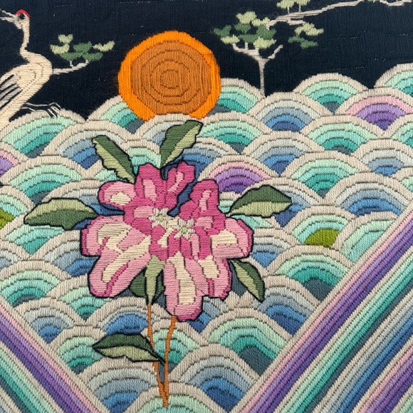 Vintage Asian Style Crewel Art Crane Flowers Amazing Colors Mid Century 20x17.5” - Picture 3 of 7